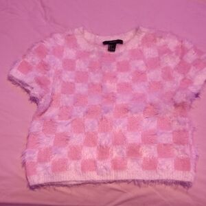 Forever 21 Pink and White Fuzzy Chopped Sweater Large